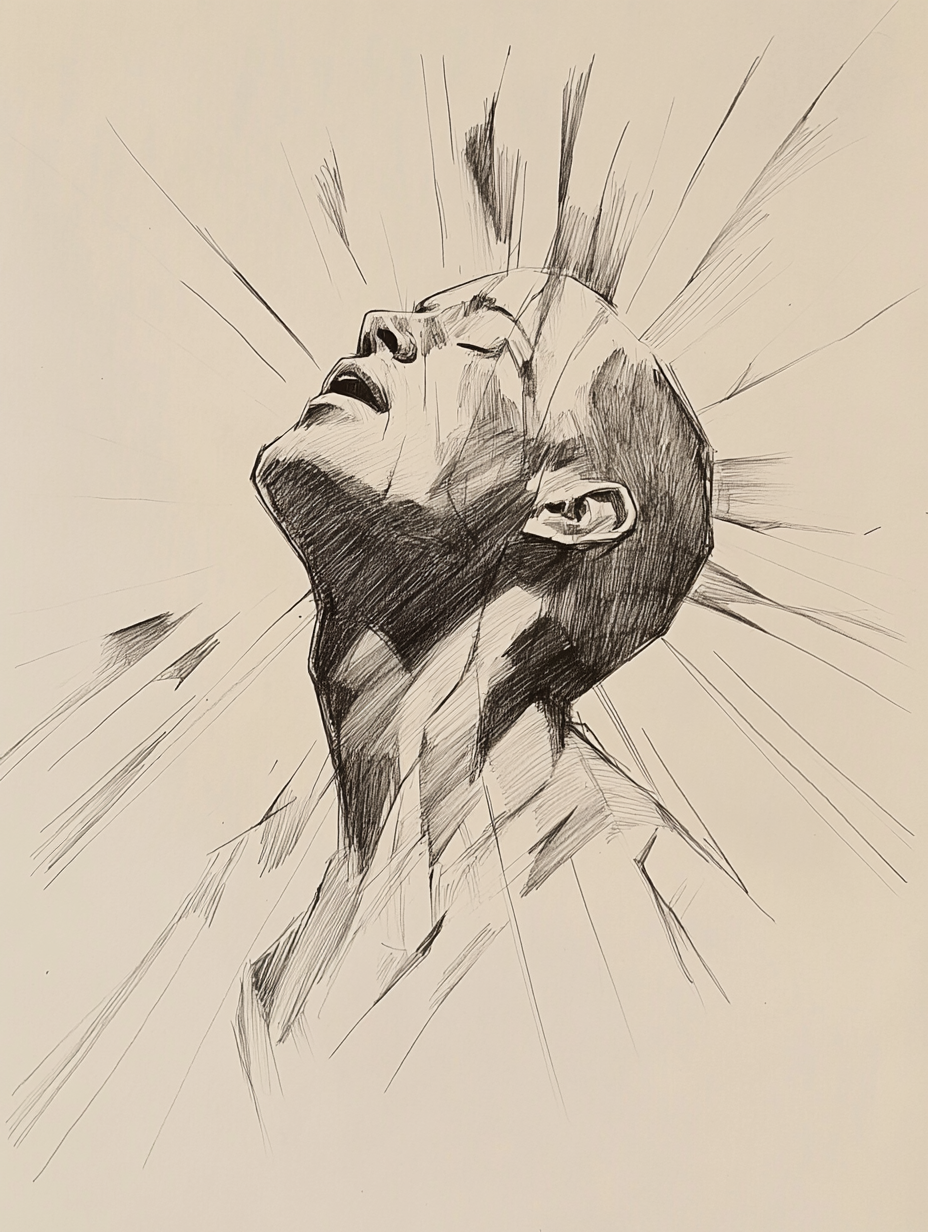 Intense pencil sketch figure alive, gazing skyward.