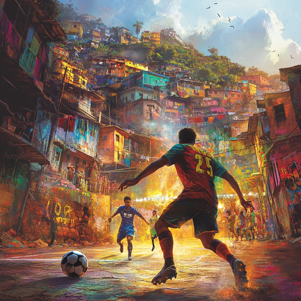 Intense street football match in Brazilian favela