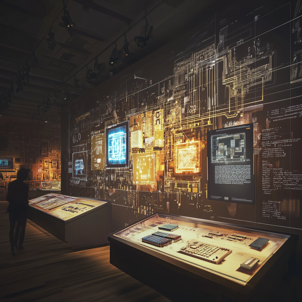 Interactive AI History Exhibit with Vintage Tech Display