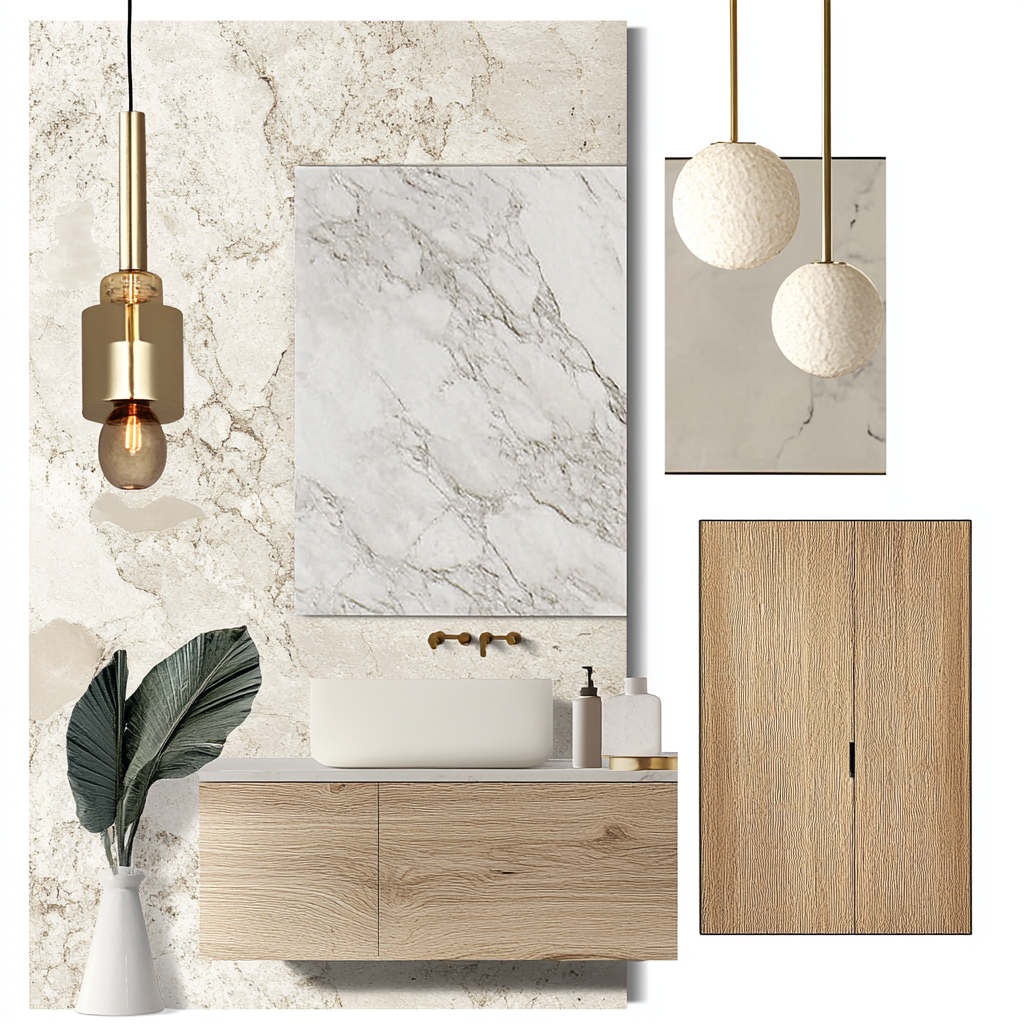 Interior design mood board with marble, wood, and gold