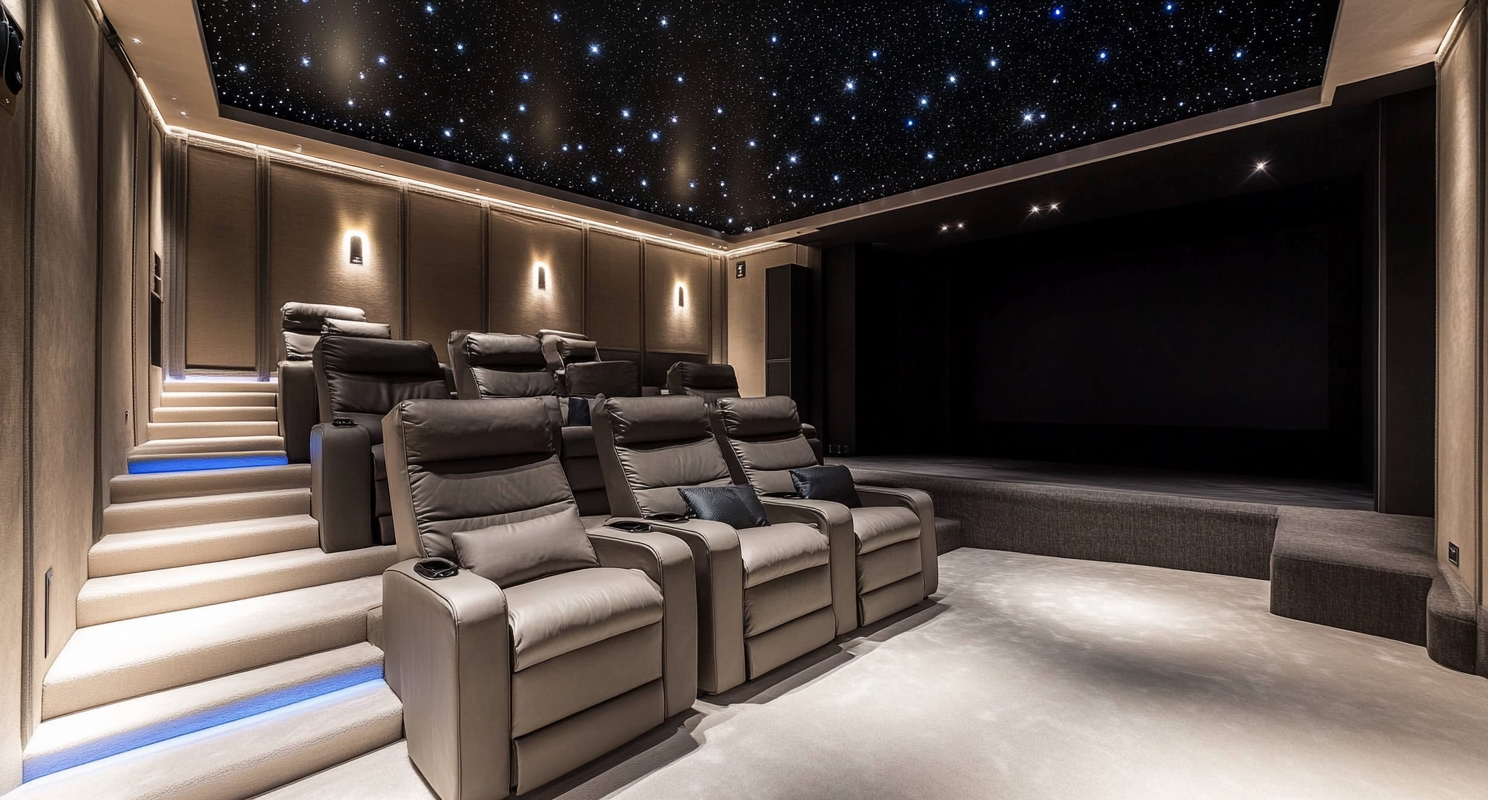 Interior photograph of modern cinema room with black ceiling.