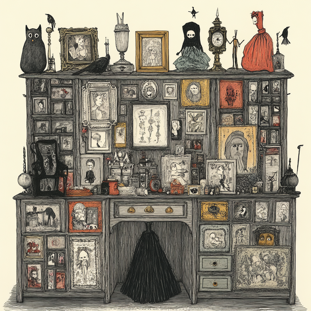 Intricate Edward Gorey-style illustration of abandoned theatrical stage