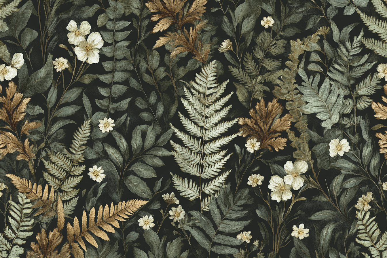 Intricate botanical wallpaper in muted tones against dark background.