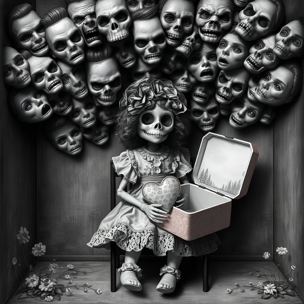 Intriguing grayscale drawing shows doll surrounded by emotions.