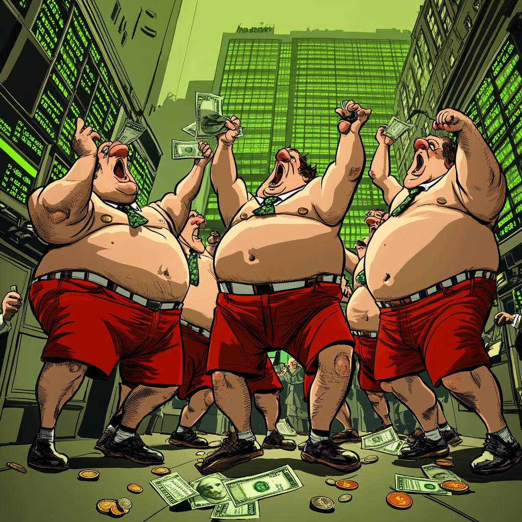 Investment bankers wear tight shorts, grab money on floor