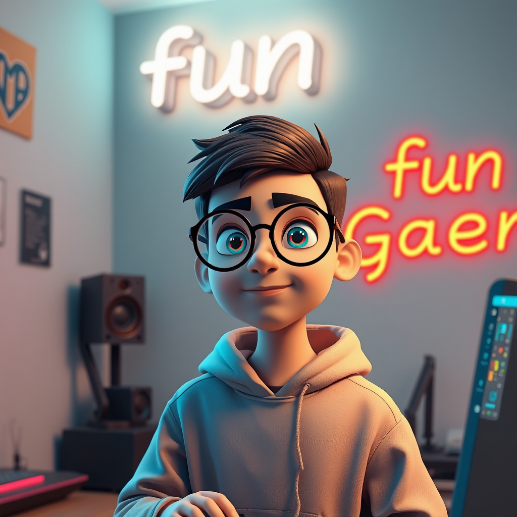 Iranian Boy Programming under Neon 'FuN GAer' Sign