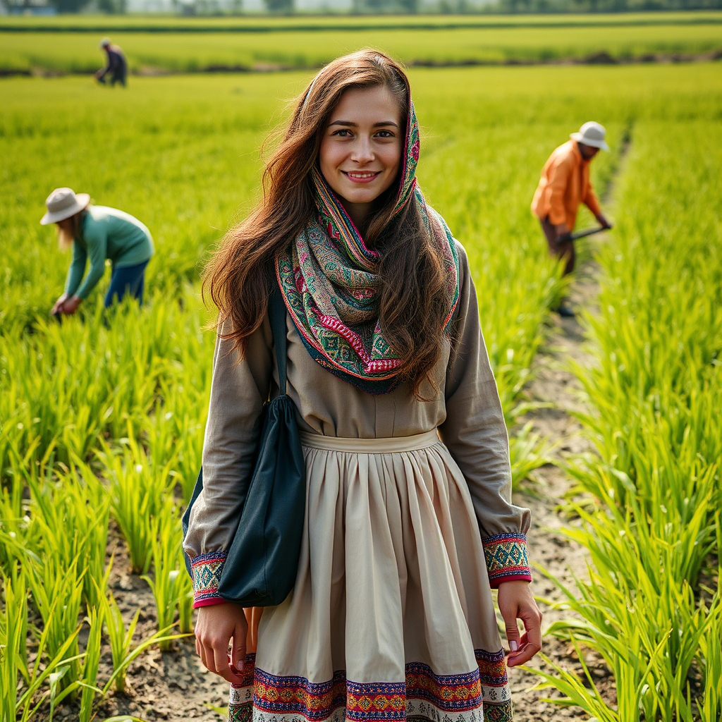 Iranian Muslim girl smiles in outfit at paddy field.