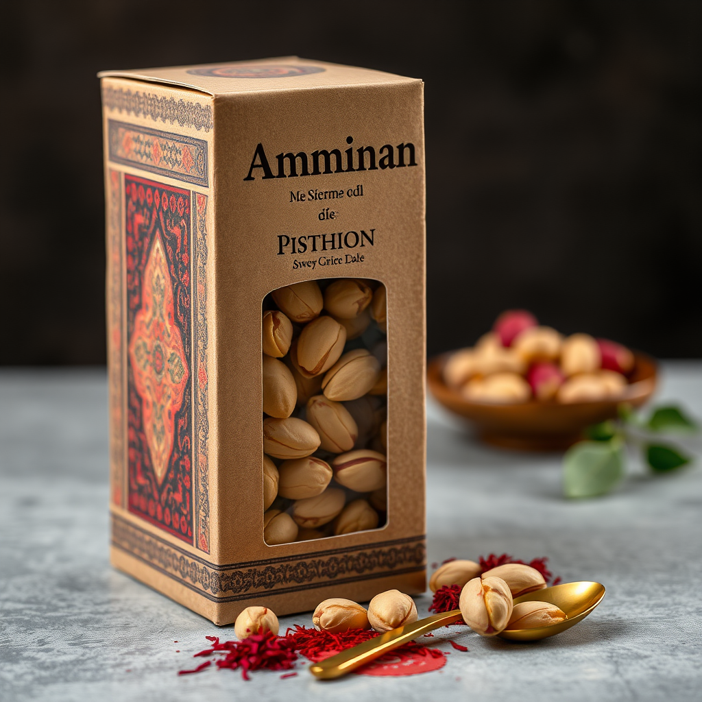 Iranian carpet design package with pistachios, Amminan label