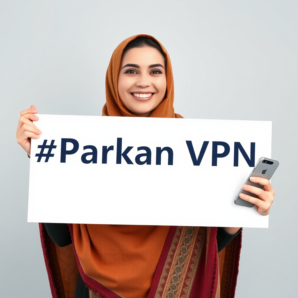 Iranian lady with shawl holding VPN banner. Smiles happily.