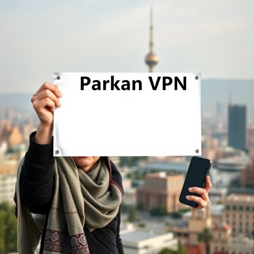 Iranian man holds Parkan VPN banner in Tehran city.