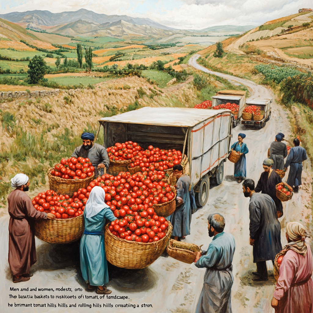 Iranian men and women load tomatoes in rural setting