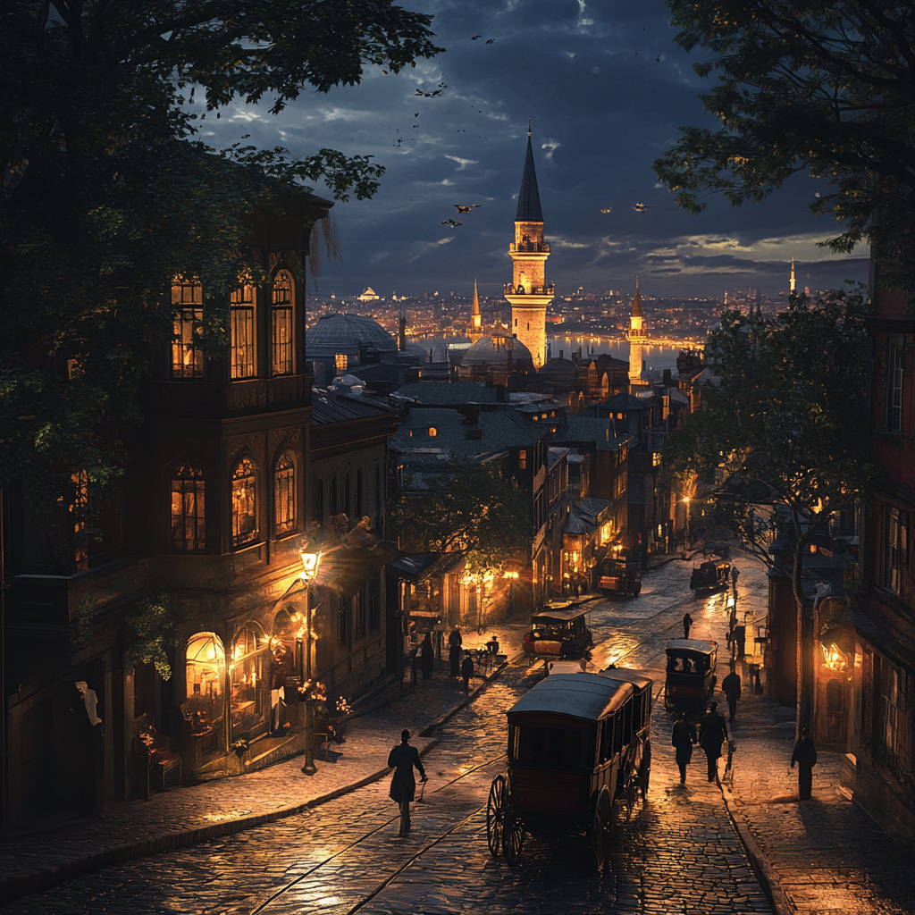 Istanbul 1900s Cityscape Render with Tower and Old Cars