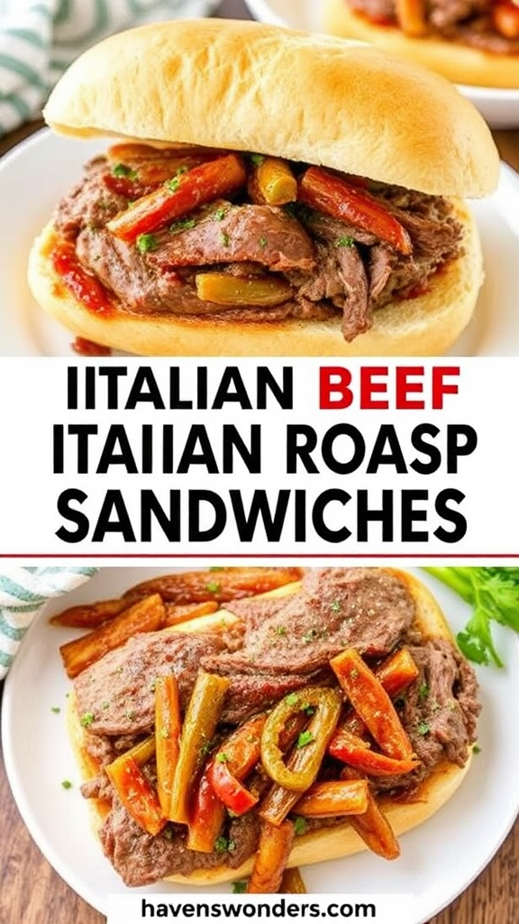 Italian Beef Roast Sandwiches in a Collage Image.