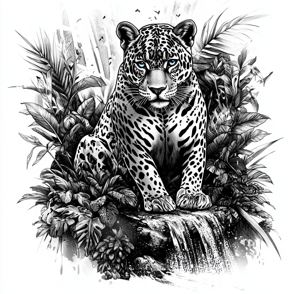 Jaguar in Jungle: Tattoo Design with Intricate Details