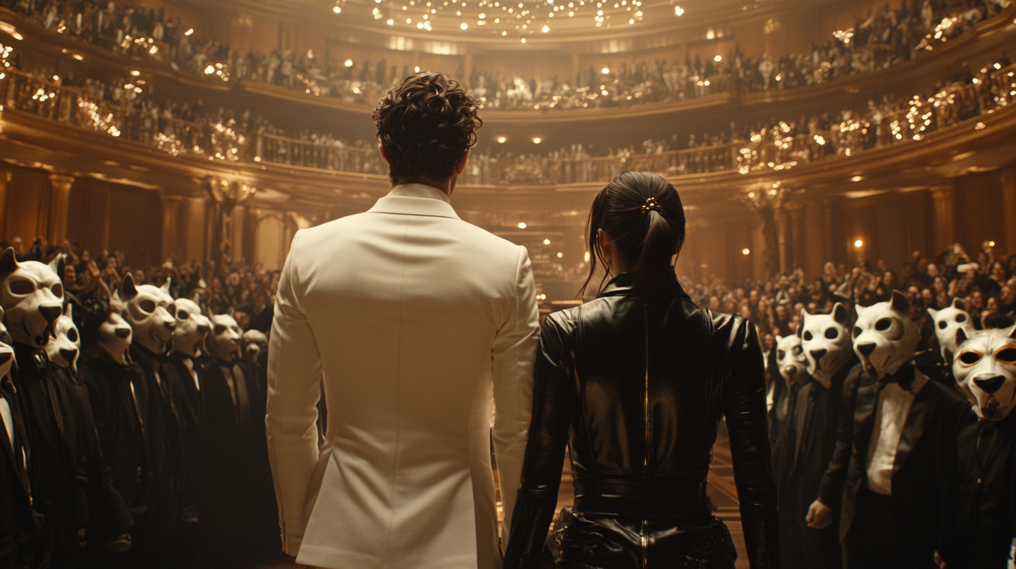 Jake Gyllenhaal and Asian woman enter ballroom watched