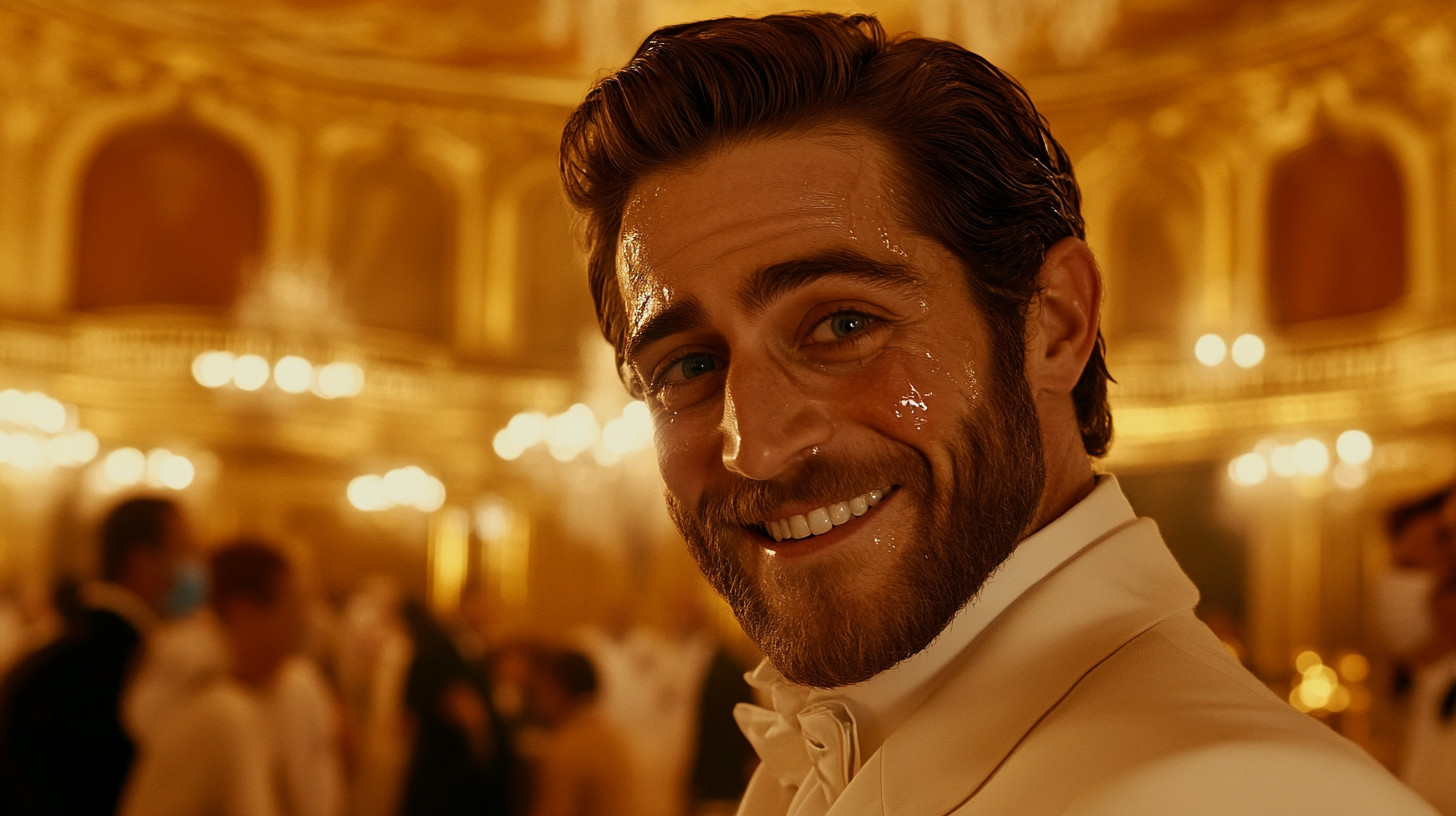 Jake Gyllenhall smiles with tears in elegant ballroom