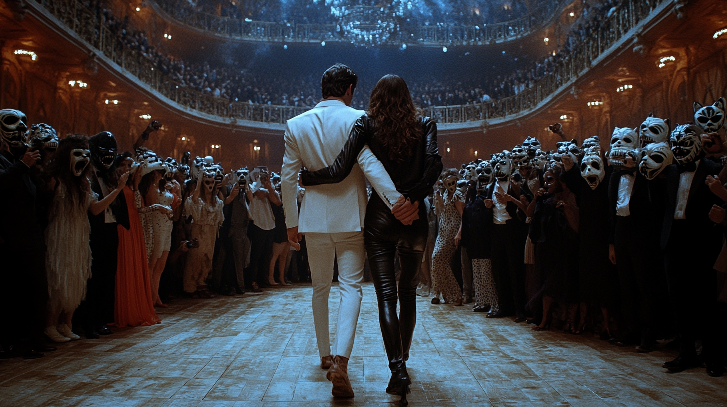 Jake in white suit escorts Michelle in black jacket