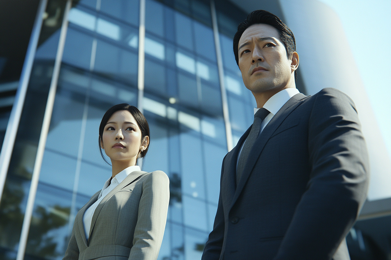 Japanese Business Professionals in Front of Headquarters Building