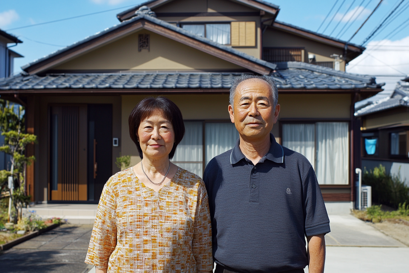 Japanese Couple with Youthful Appearance in Front of House