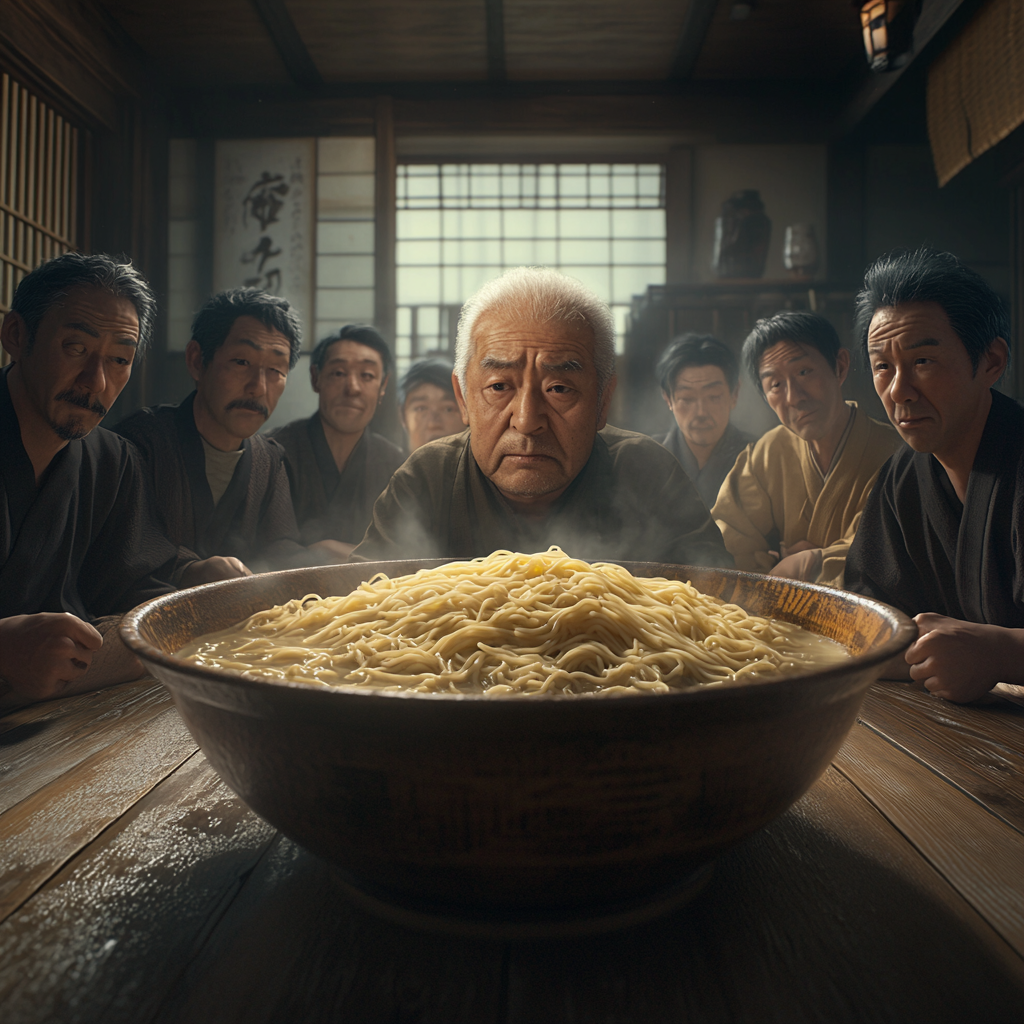 Japanese Folks Apologizing to Noodle-Faced Man in Kitchen