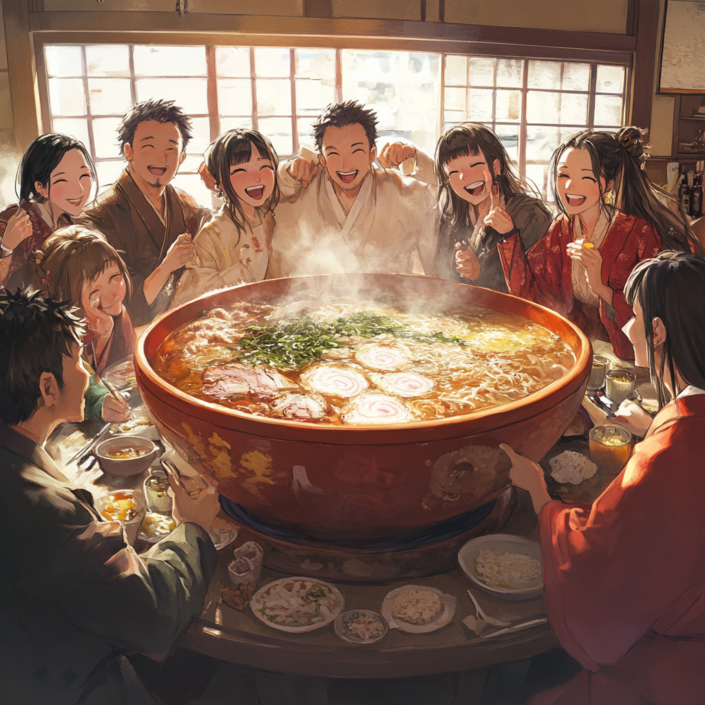 Japanese Men and Women Enjoying Ramen Together