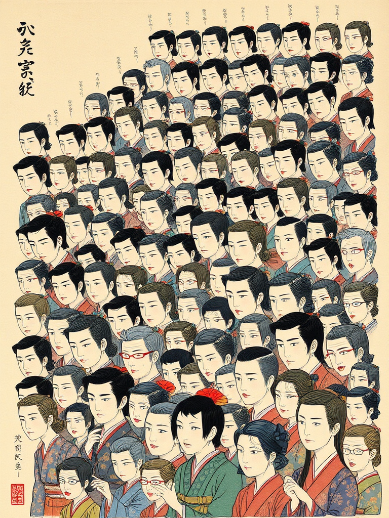 Japanese Painting Style Shows 200 Small Heads