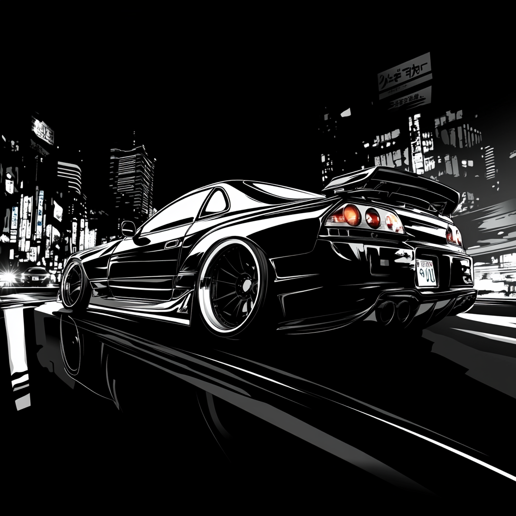 Japanese Sports Car in Cityscape: Black and White