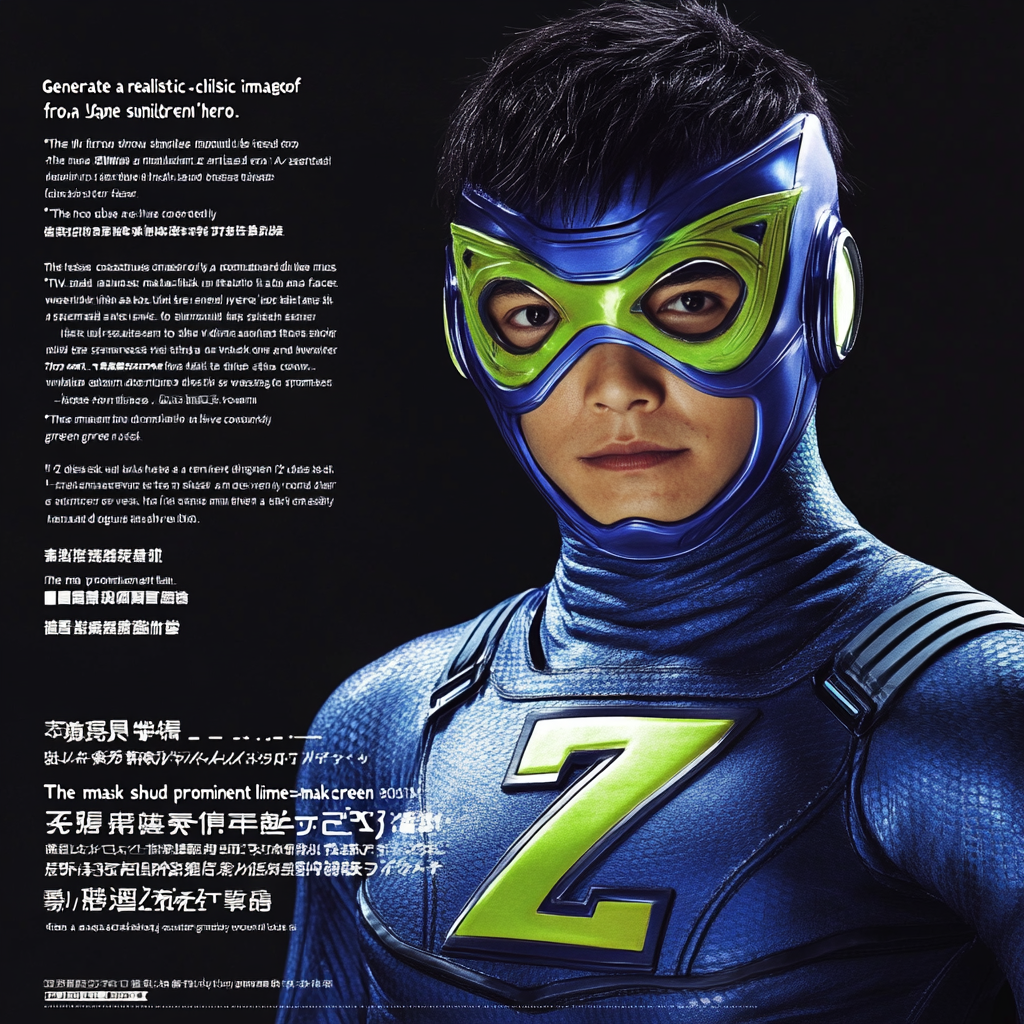 Japanese Superhero in Blue Costume with Lime-Green Mask