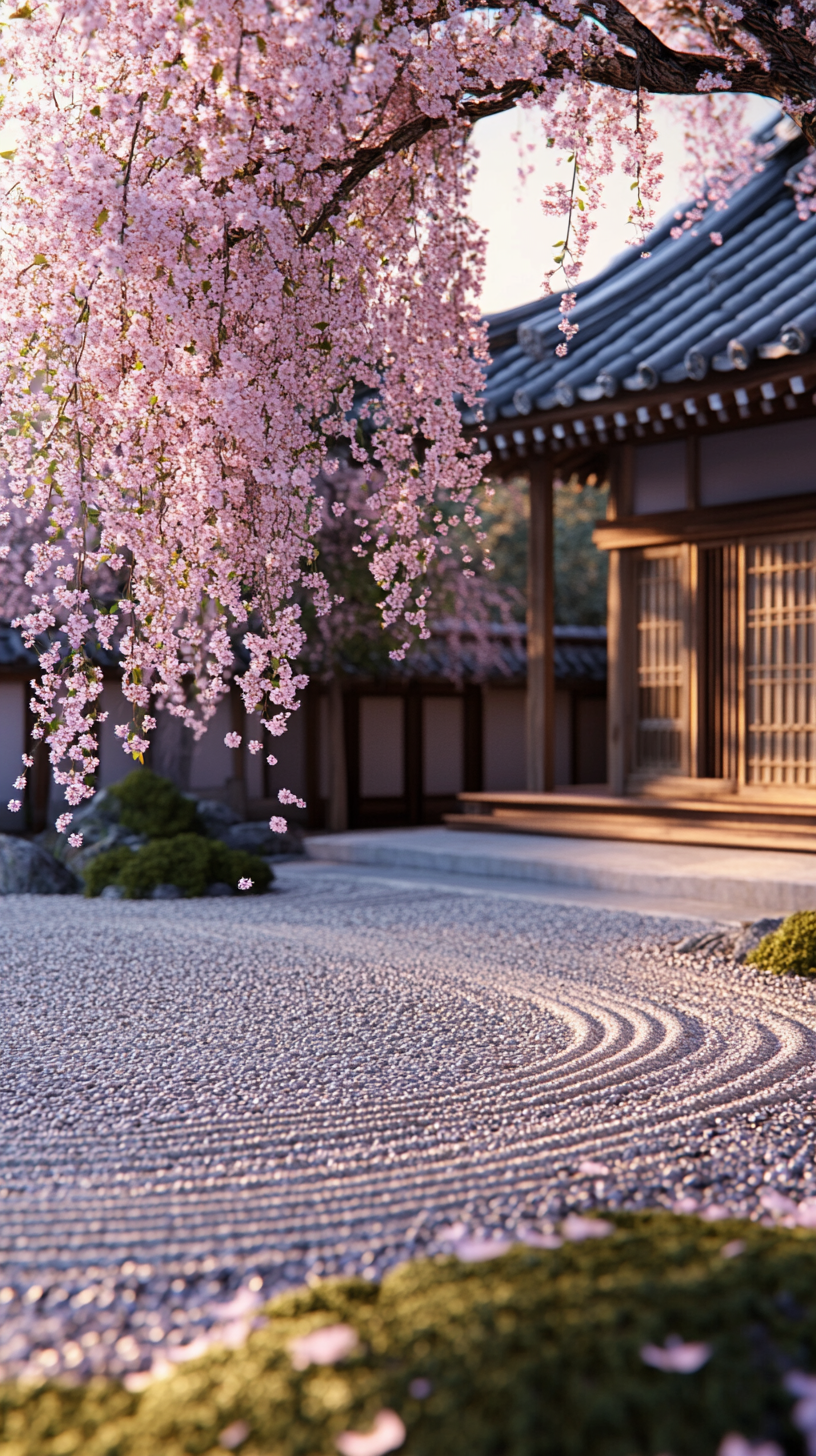 Japanese Temple Garden with Blossoming Cherry Tree