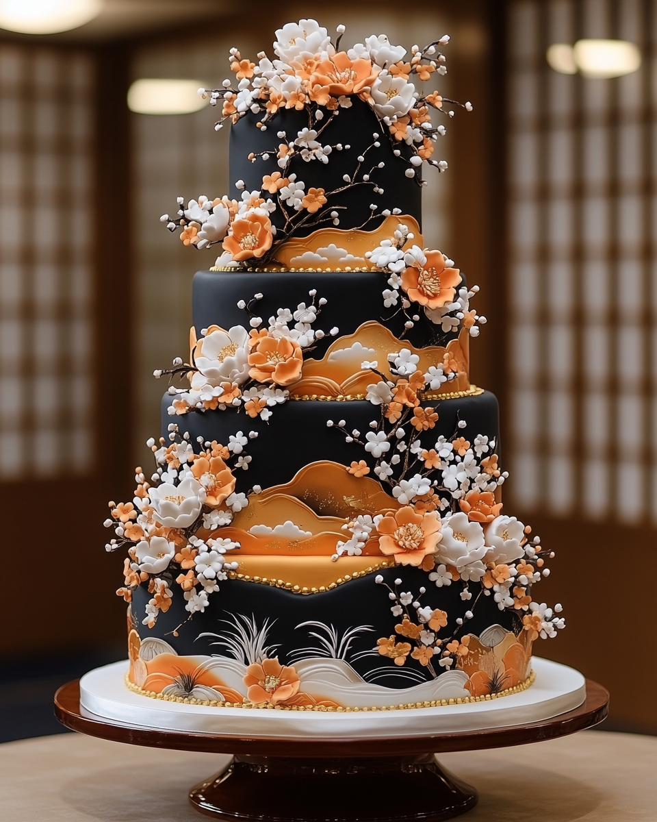 Japanese Wedding Cake with Kimono Designs in Grand Ballroom