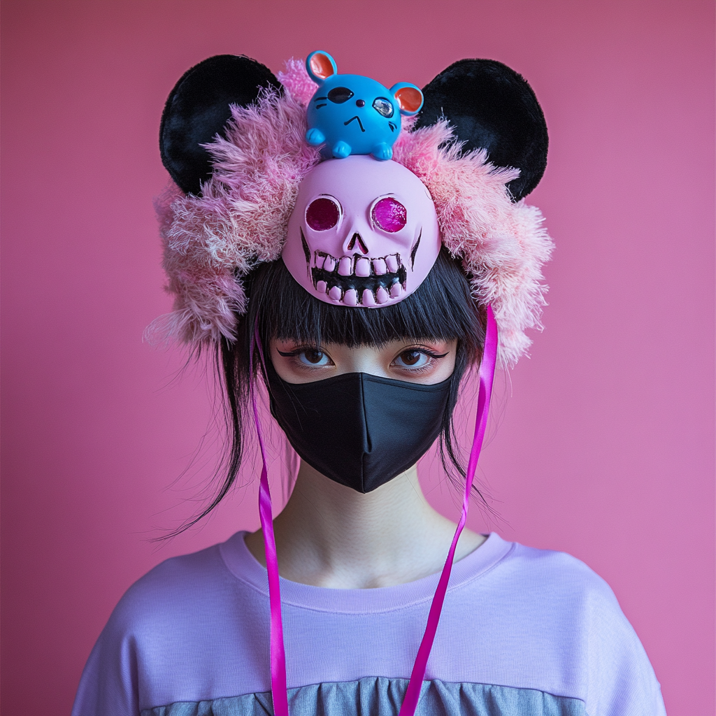 Japanese Woman Wearing Skull Mask and Cute Outfit