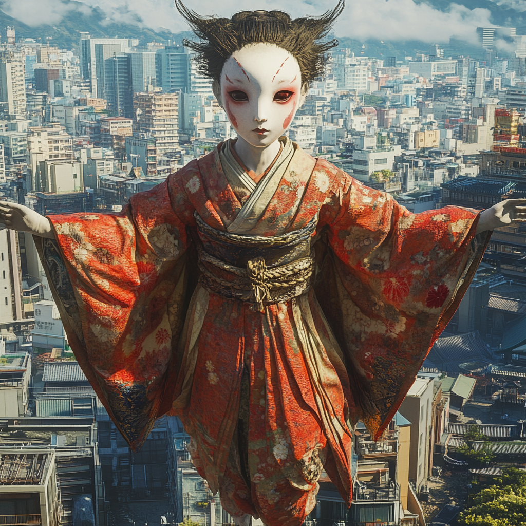 Japanese Yokai Giant Face Floating Edo Cityscape 4k