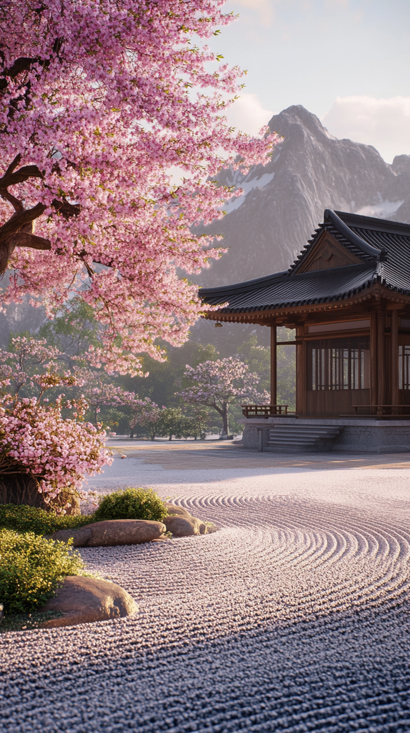 Japanese Zen temple, pink cherry blossom tree