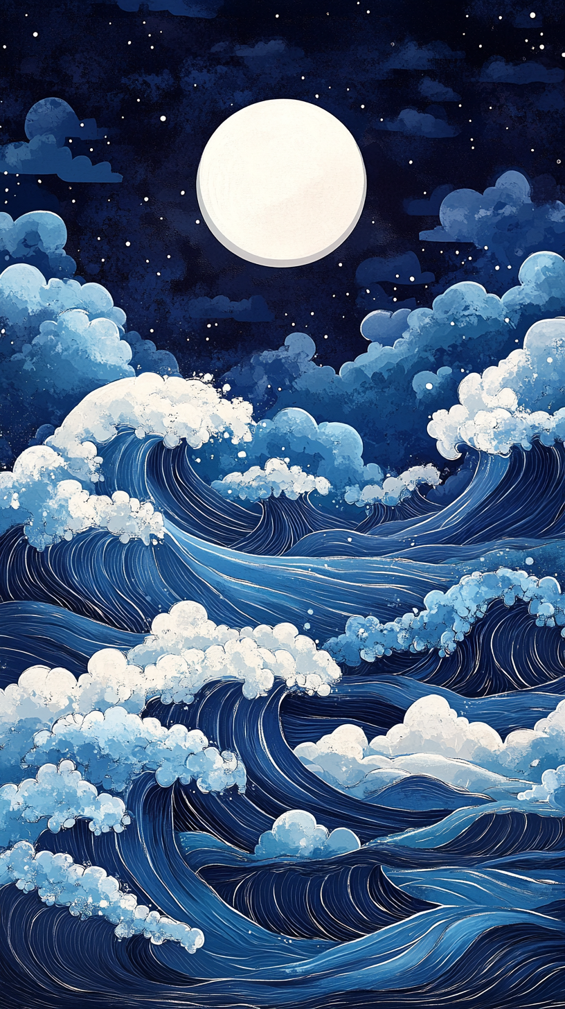 Japanese art of ocean waves under full moon