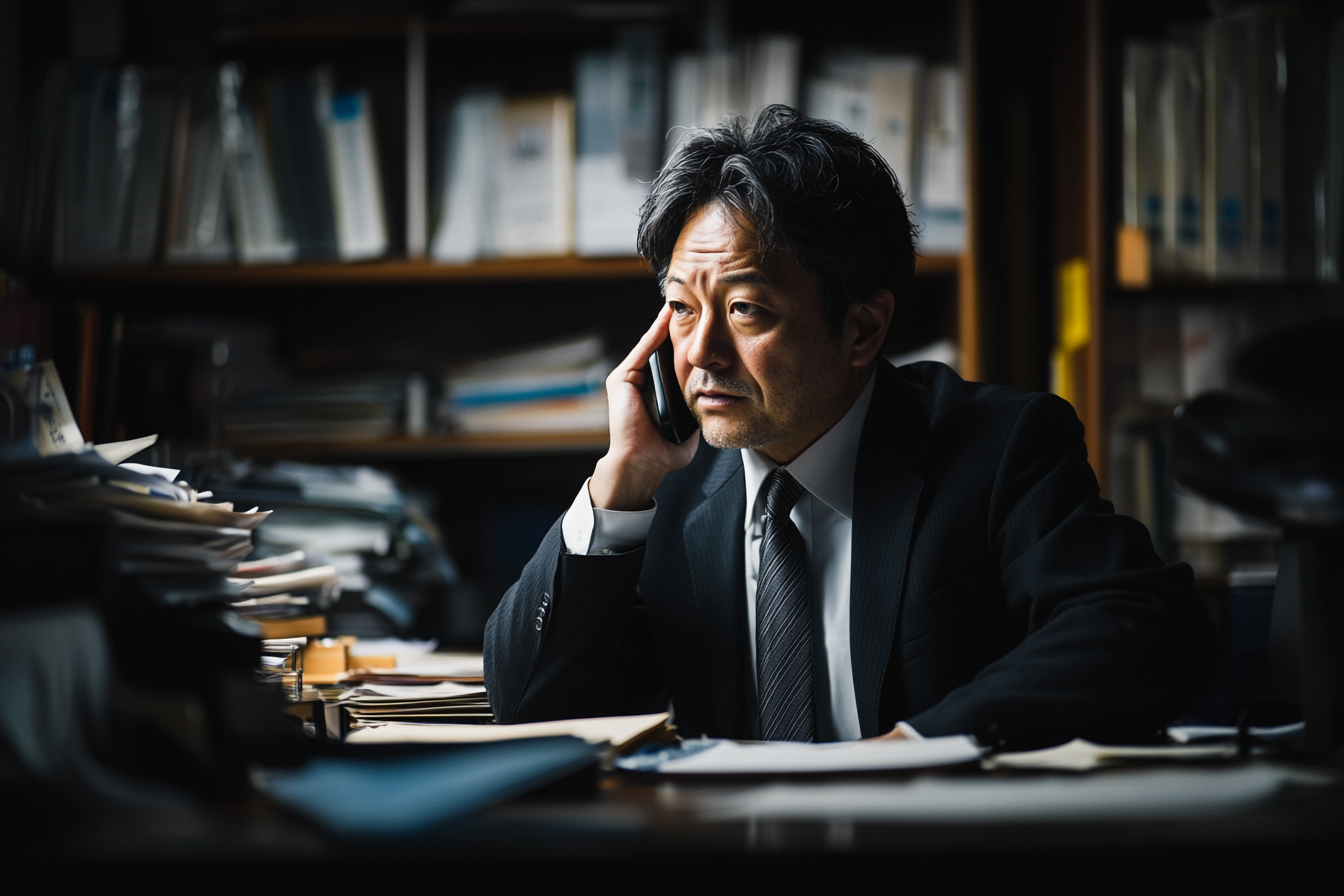 Japanese banker, age 40, in dim office