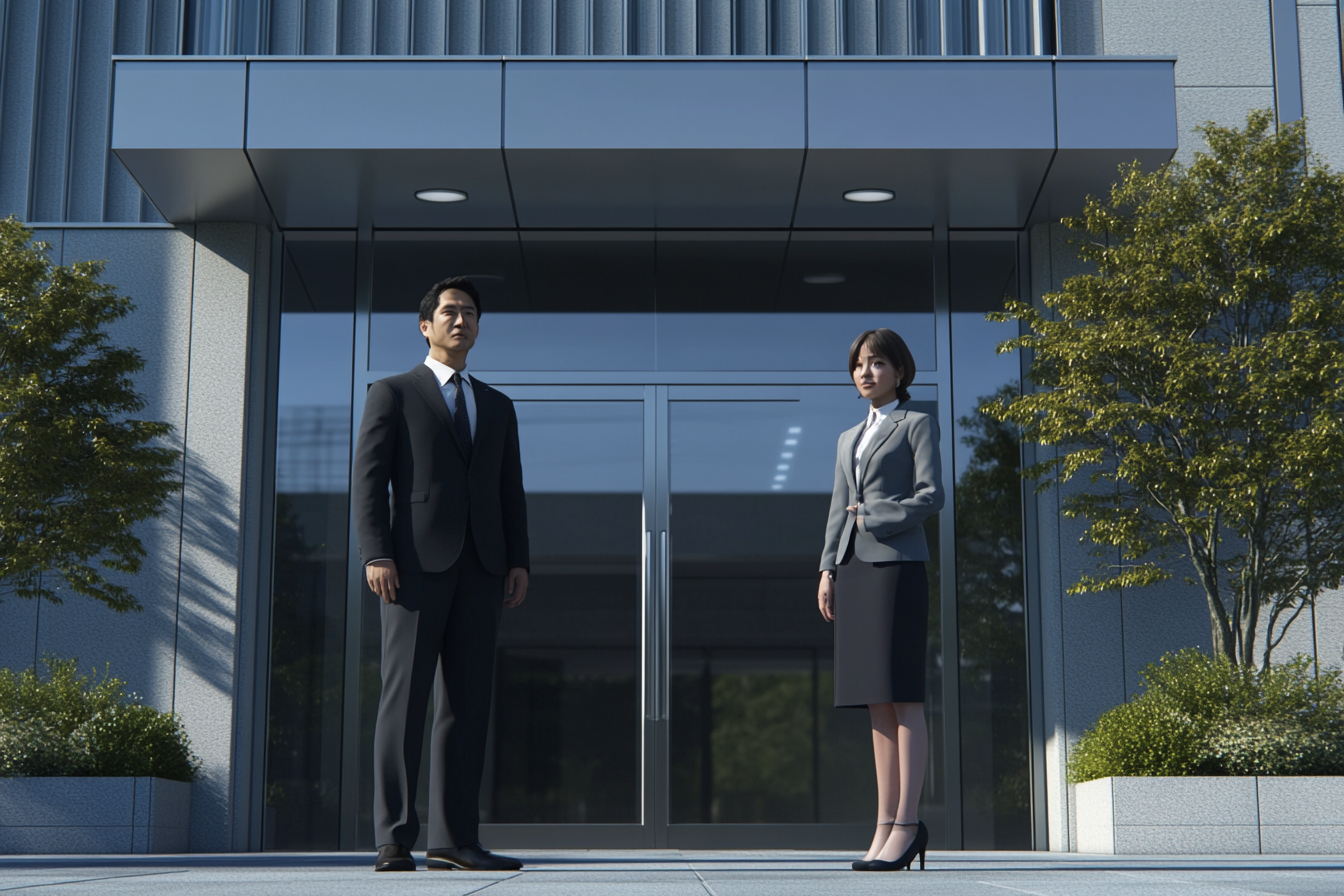 Japanese businessman and woman in front of office