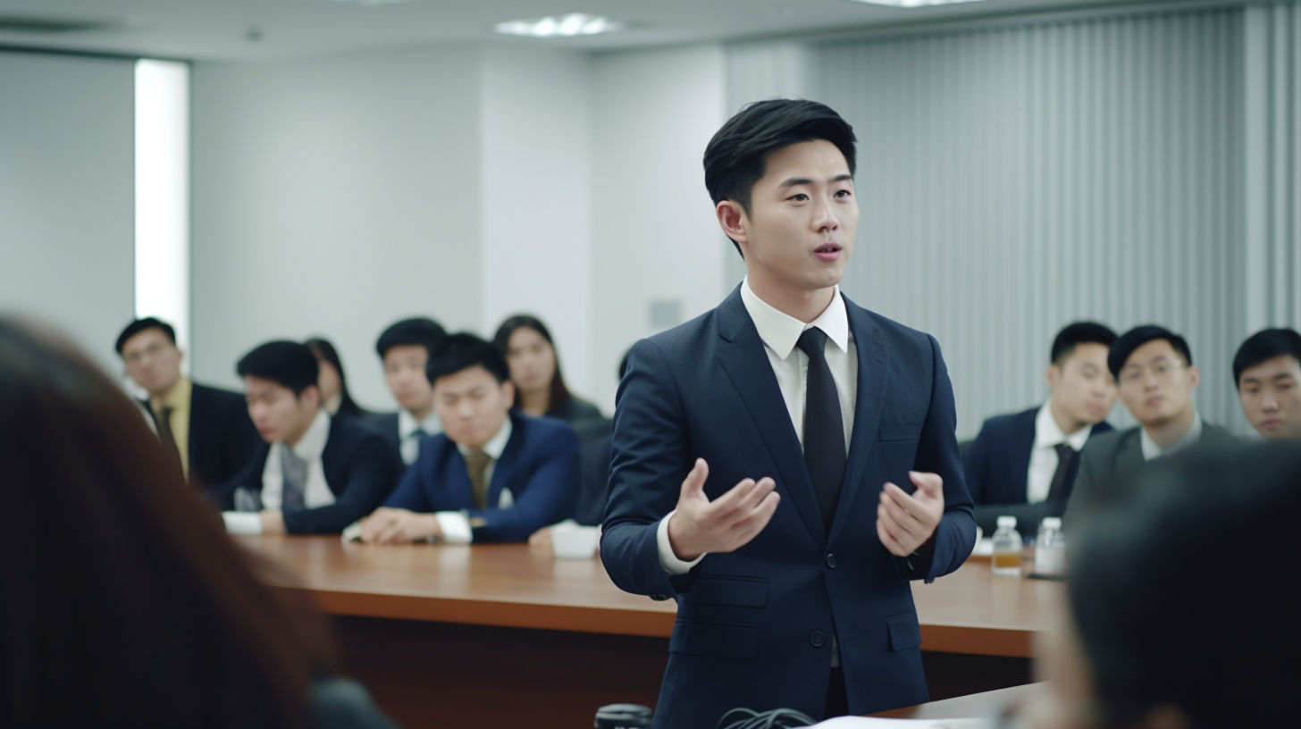 Japanese businessman seminar in modern conference room- Intently listening.