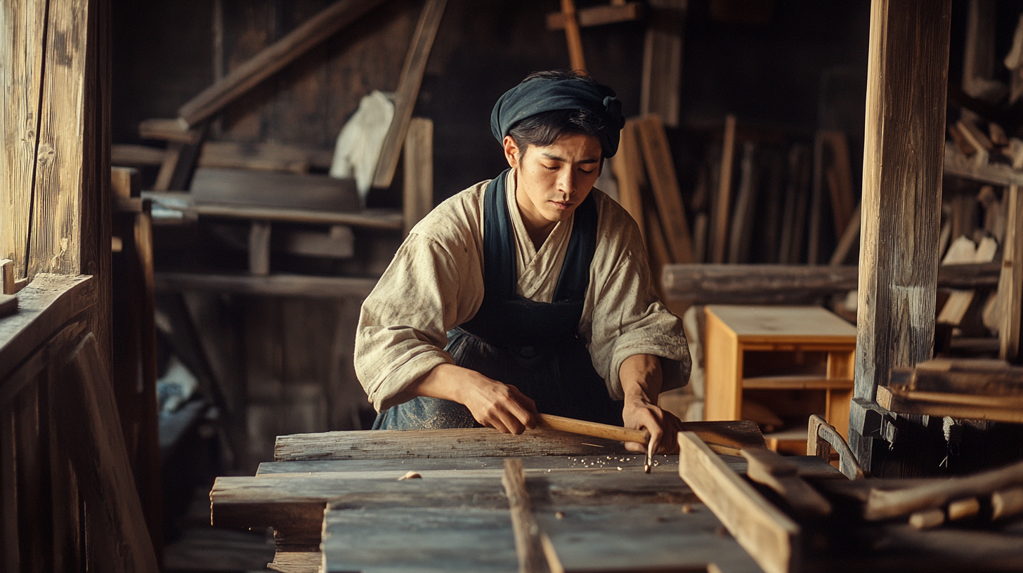 Japanese carpenter hammering nails in traditional workshop