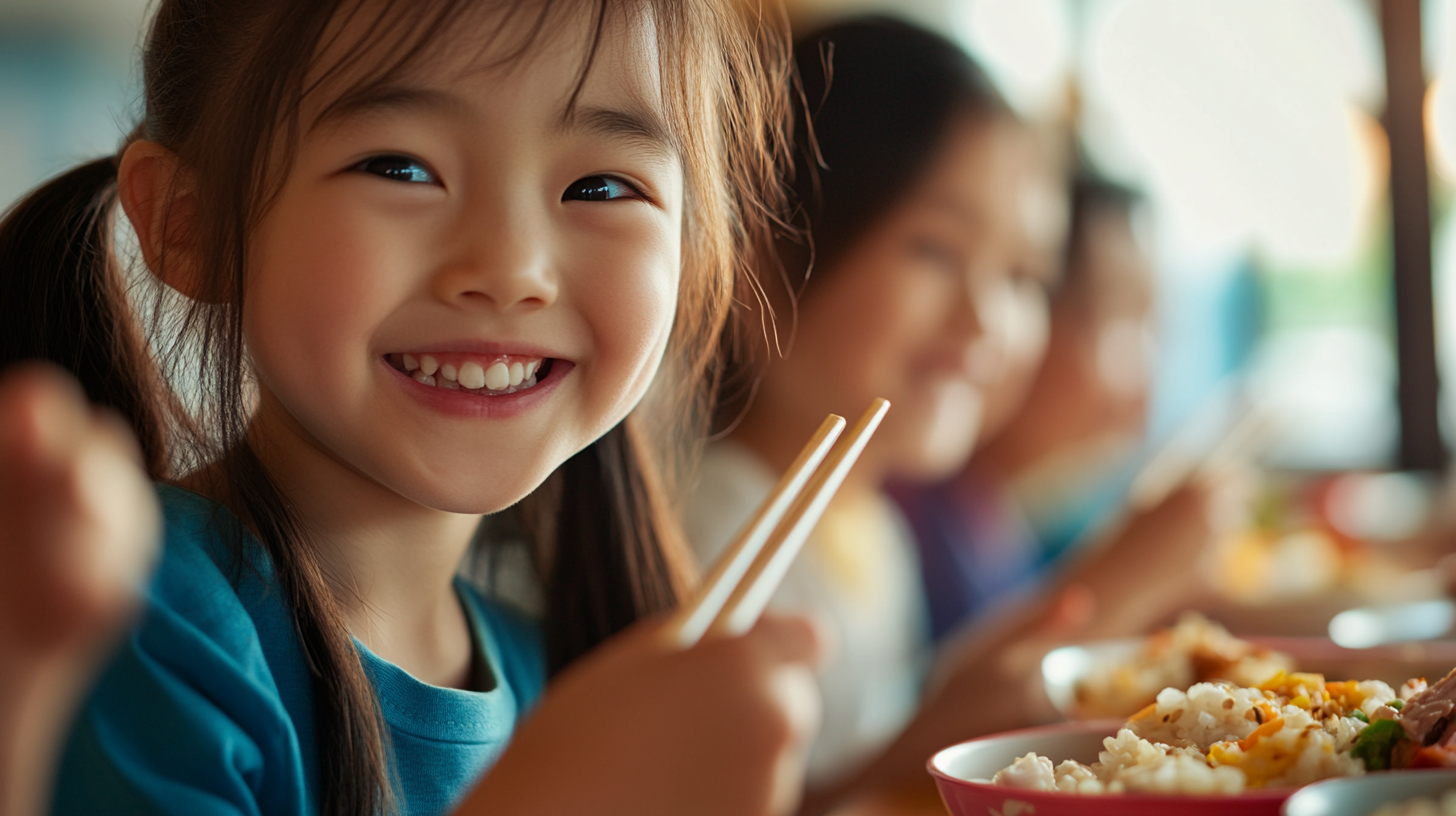 Japanese children from middle-class family enjoying meal