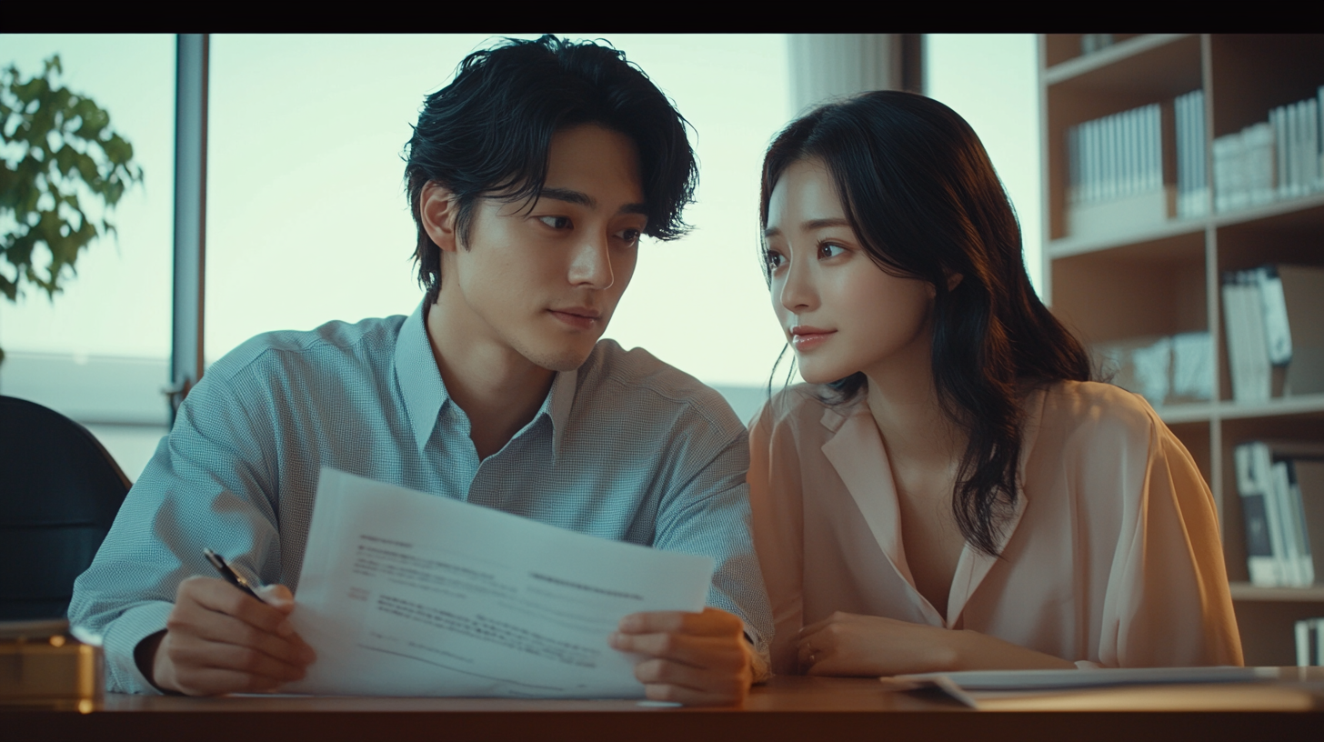 Japanese couple sitting in office with documents