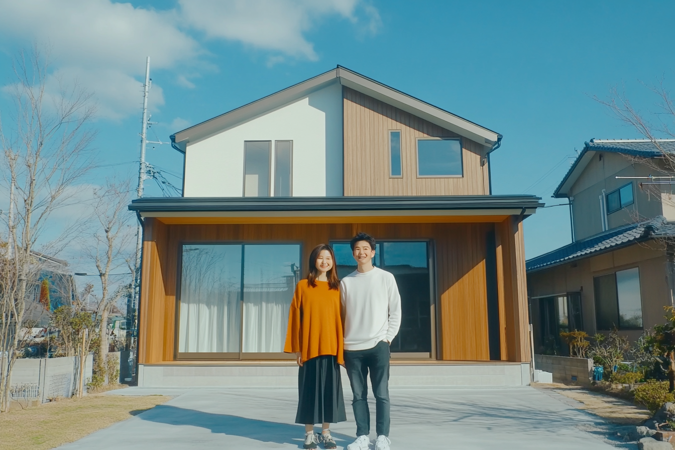 Japanese couple in front of new home, sunny day