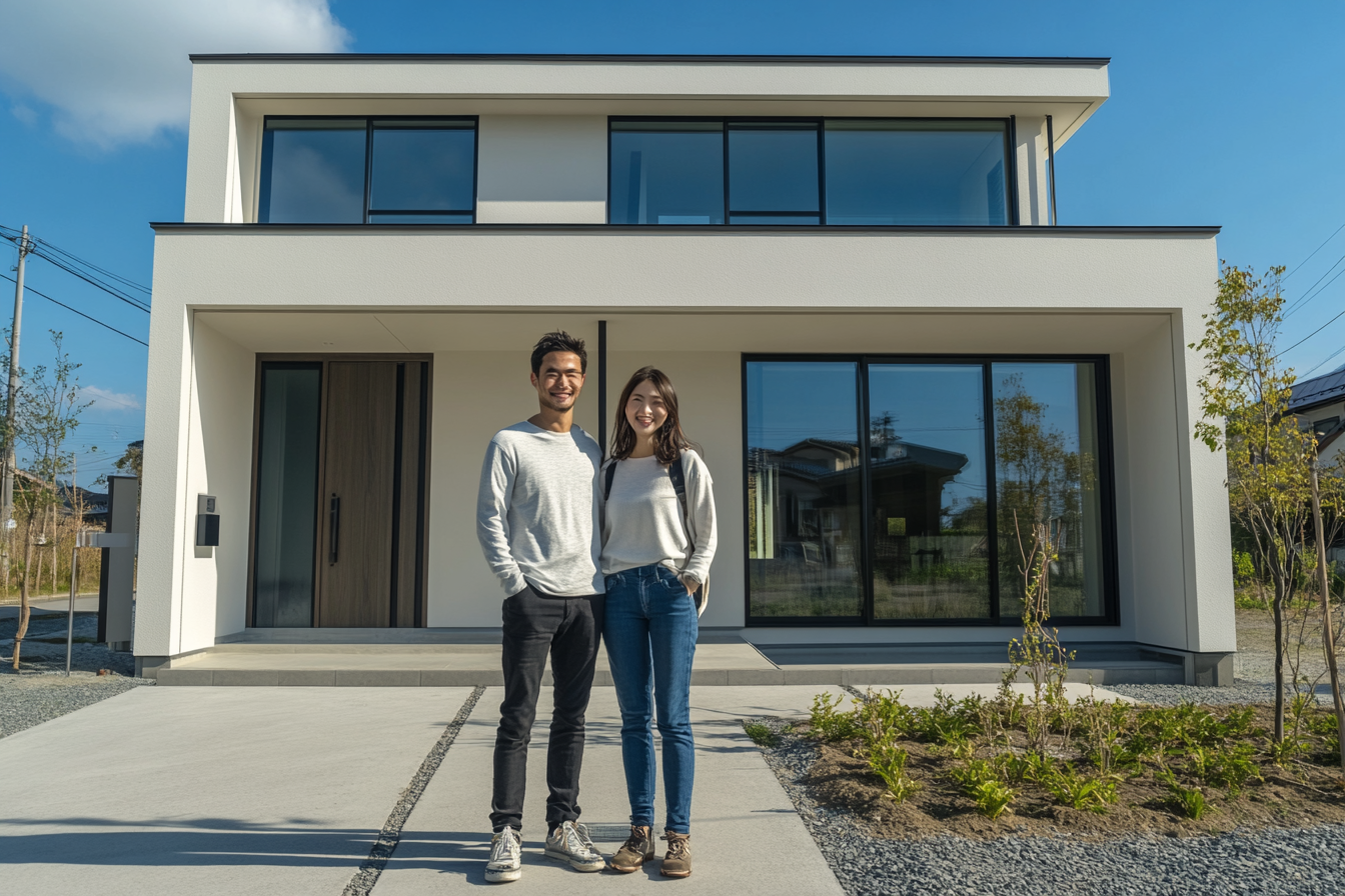 Japanese couple in front of new house