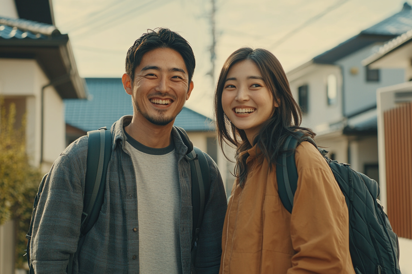 Japanese couple smiling in front of their modern home