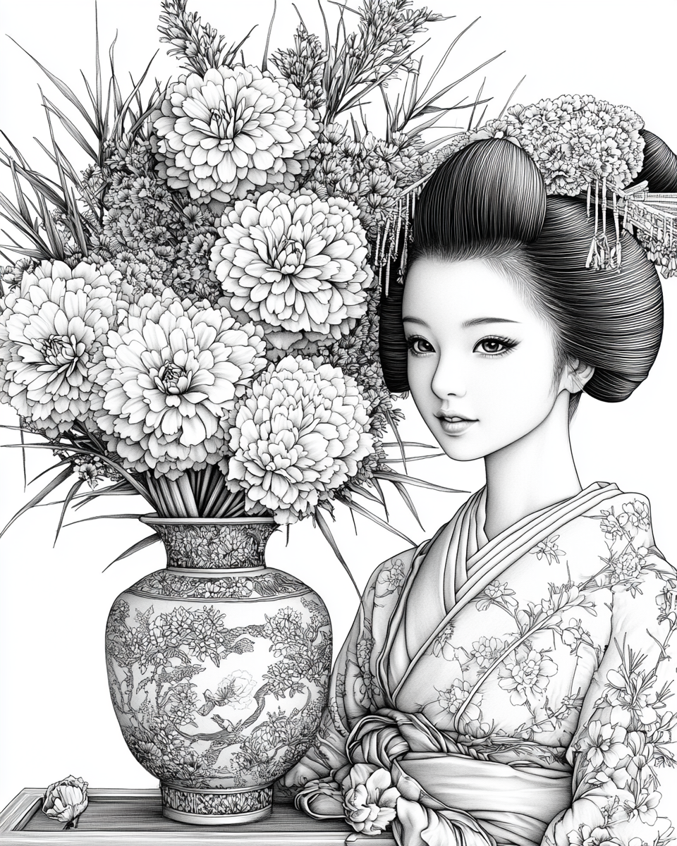 Japanese flowers and geisha doll in vase Coloring Page