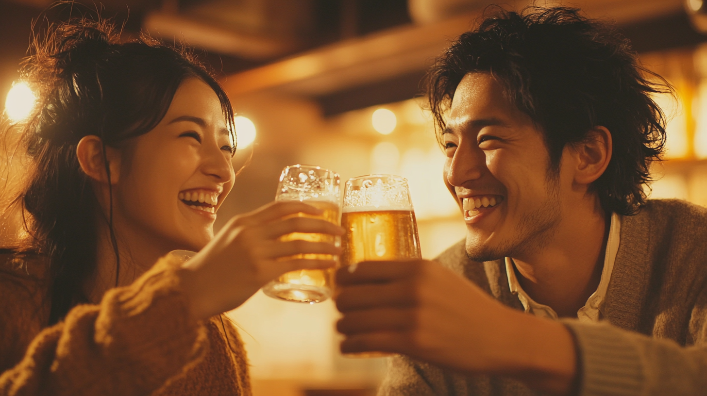 Japanese friends celebrating in cozy tavern delighted.