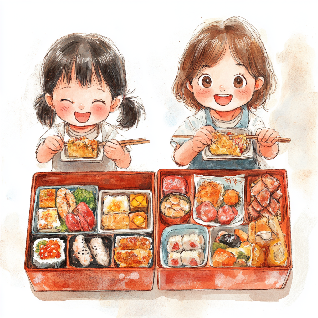 Japanese kids happily eating bento