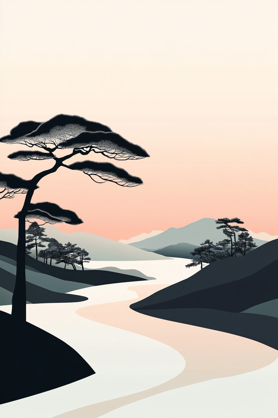 Japanese landscape with soft colors and smooth lines