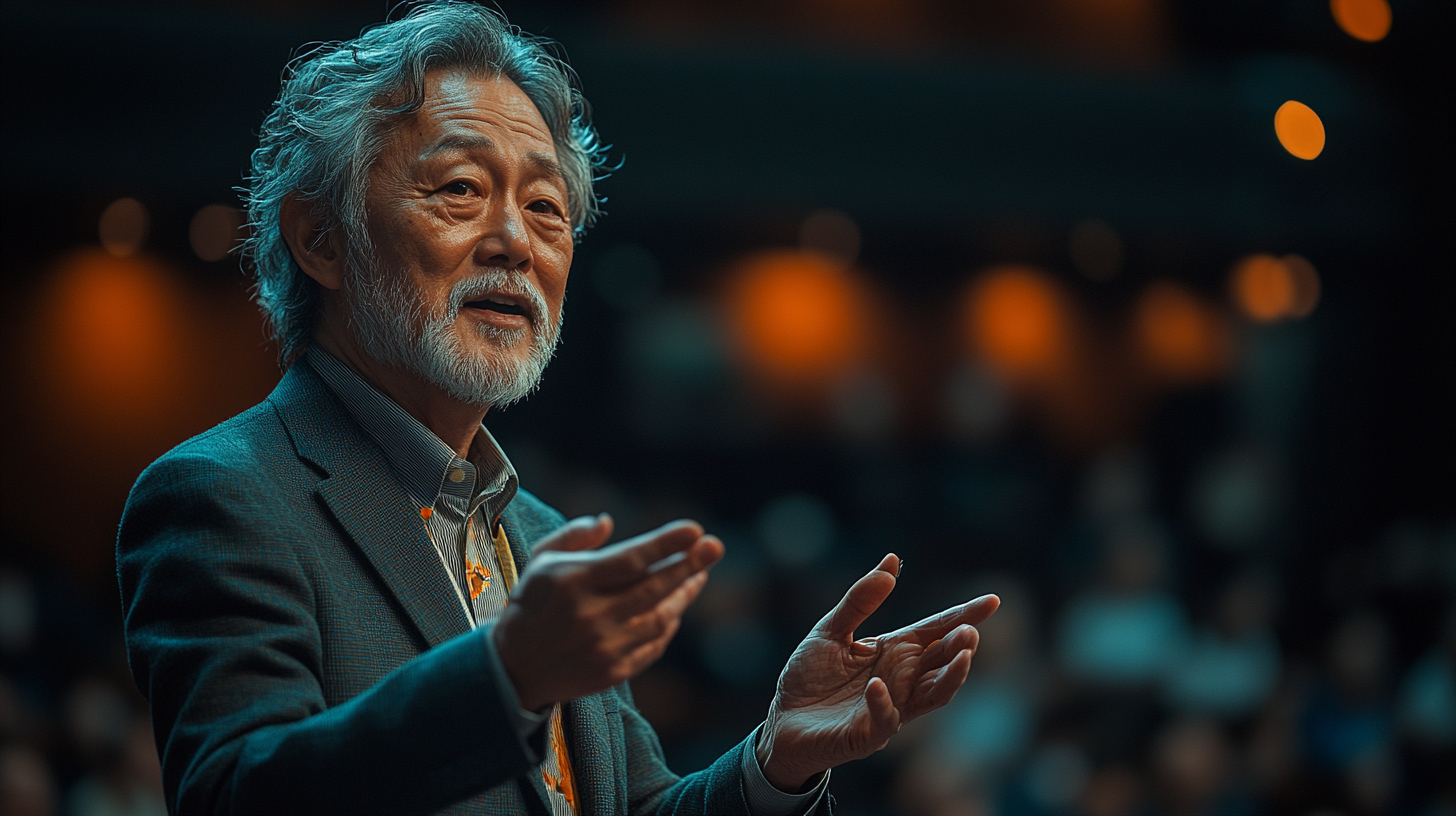 Japanese man in suit giving presentation on stage.