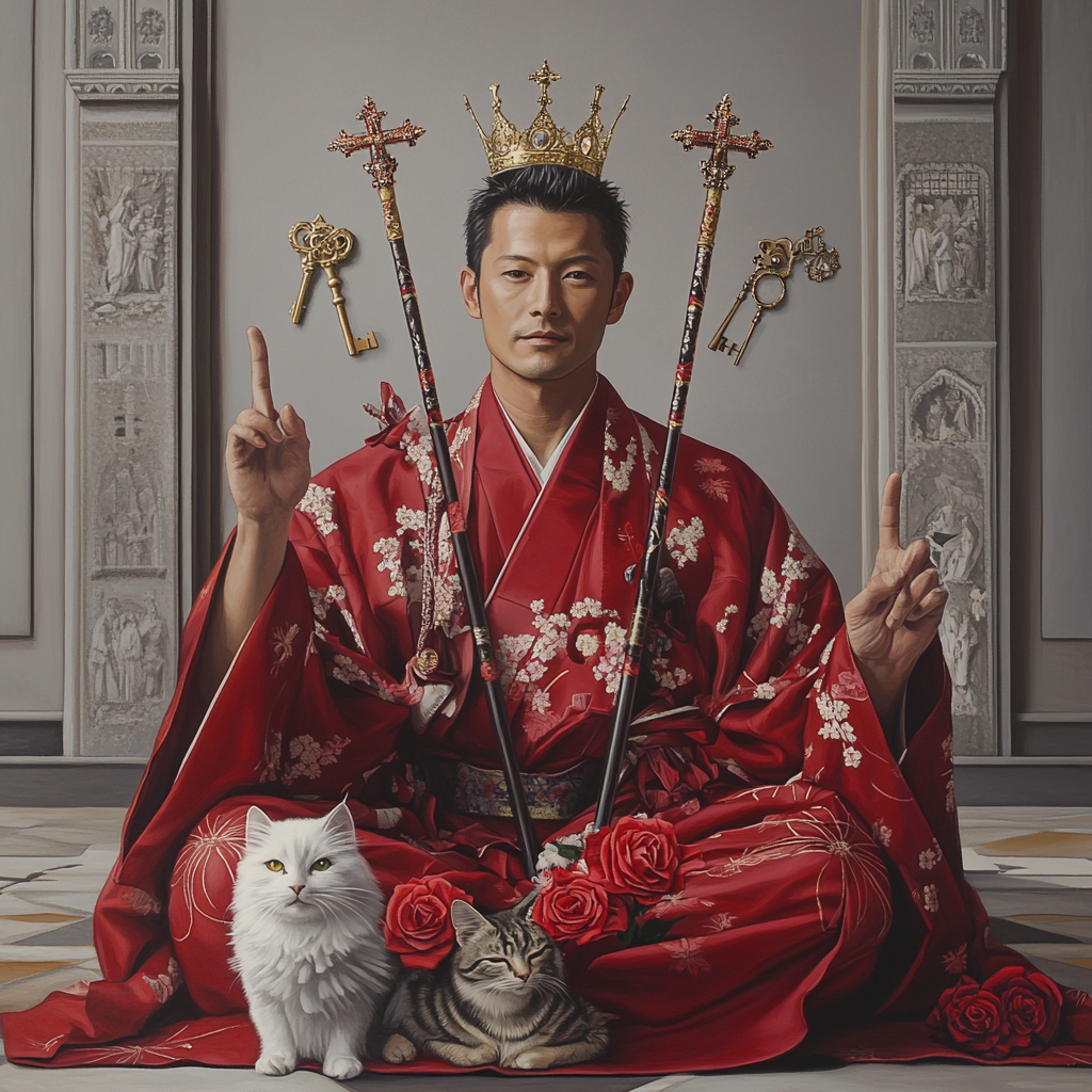 Japanese man sits in kimono with cats and staff