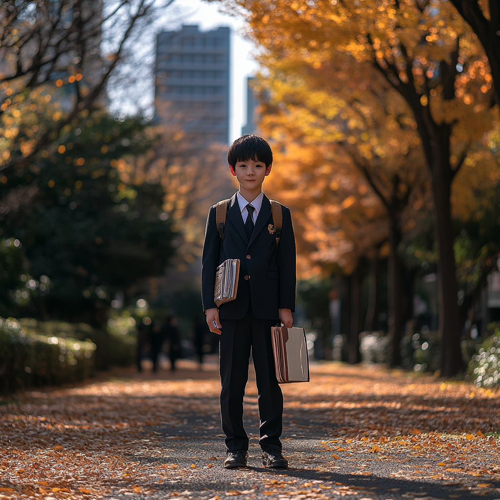 Japanese middle school student in city during autumn